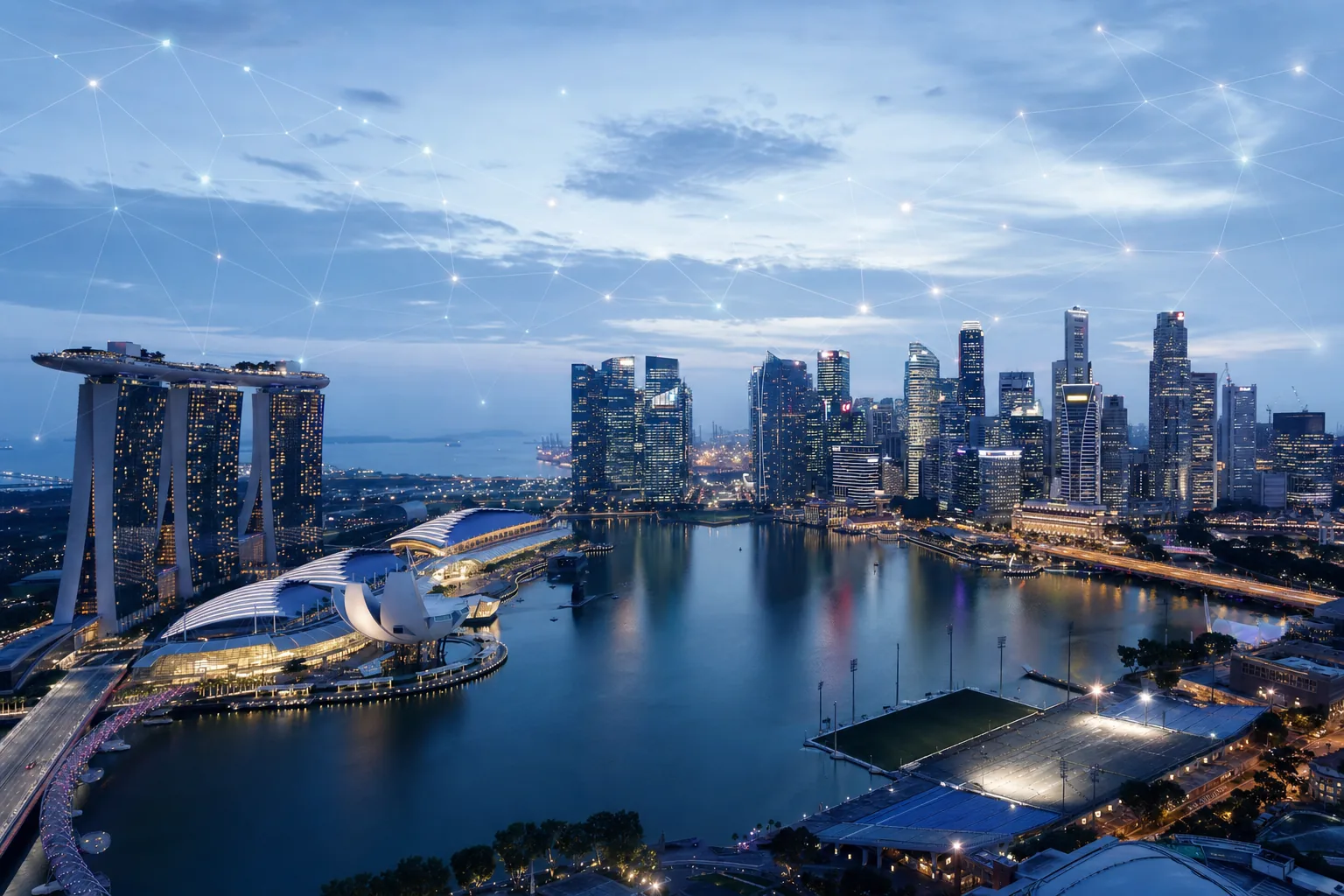 Singapore skyline at blue hour with an overlaid network mesh