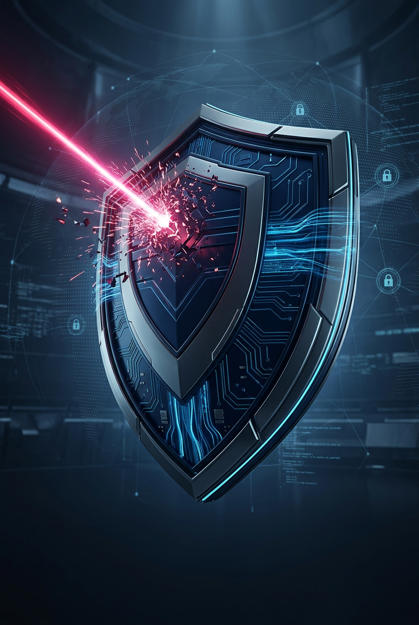 Faceted chrome shield deflecting incoming red light beams