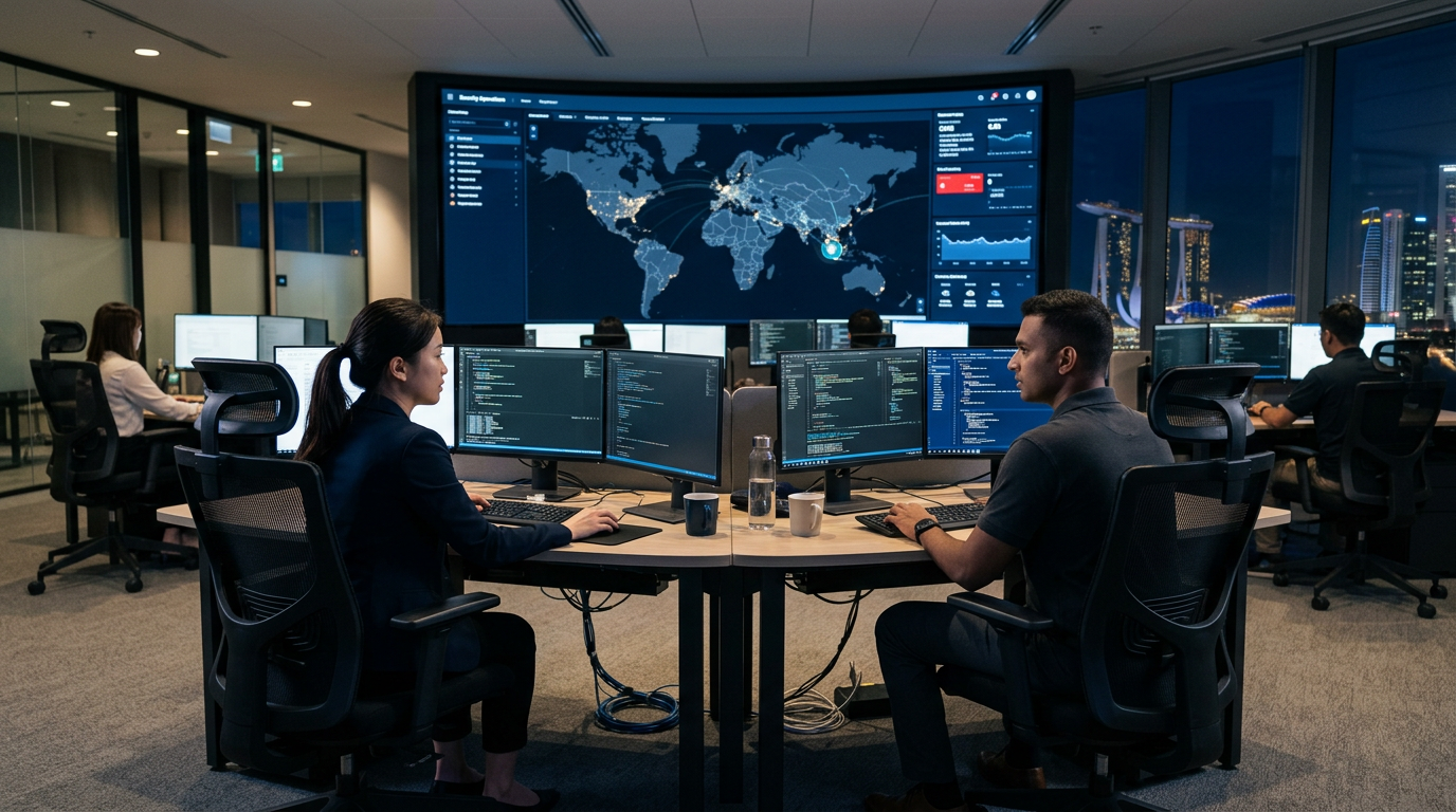 Cyber security command center with a global threat map on a video wall