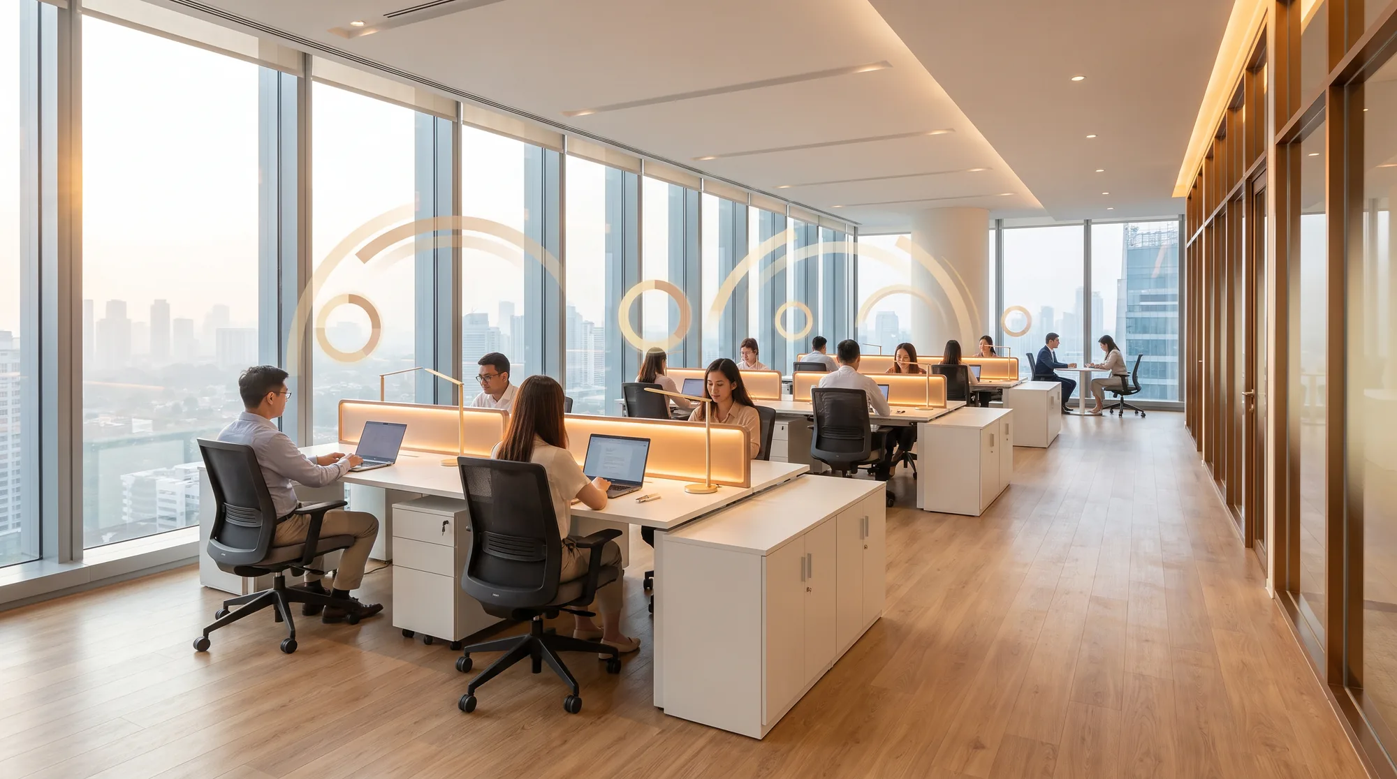 Modern Singapore office with employees and ambient experience telemetry