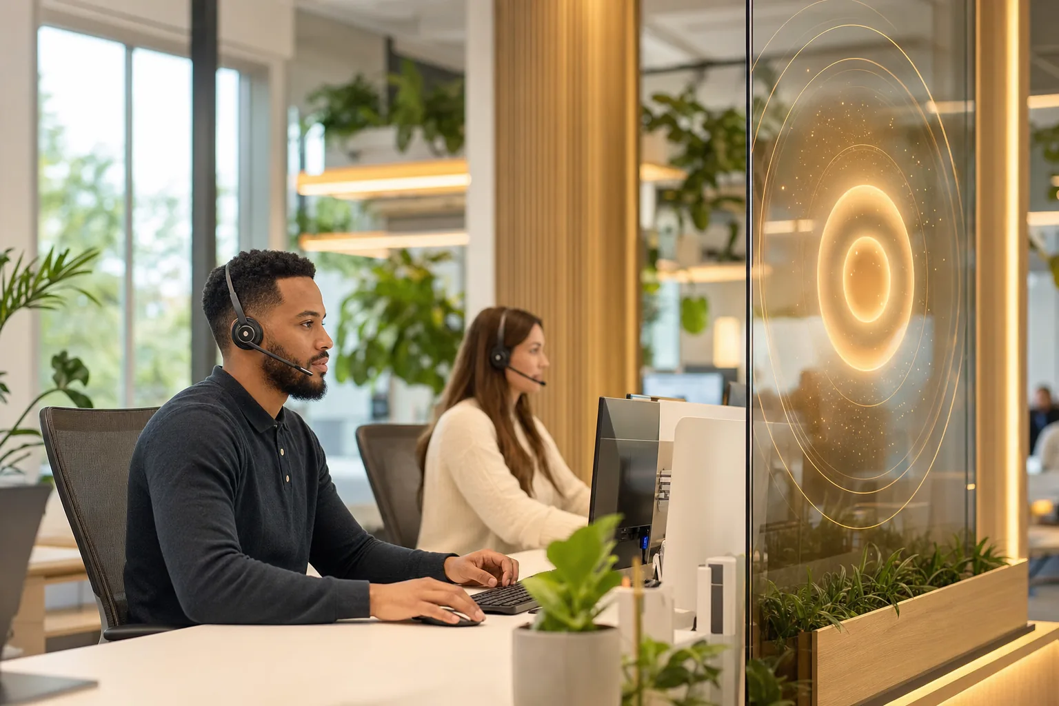 IT service desk specialists working beside an AI assistant display