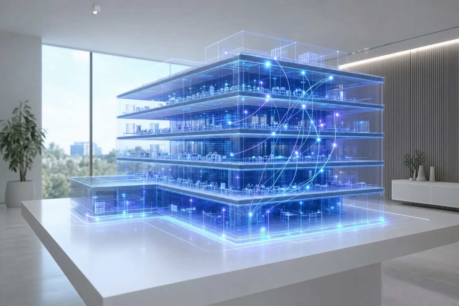 Holographic digital twin of an office building floating above a table