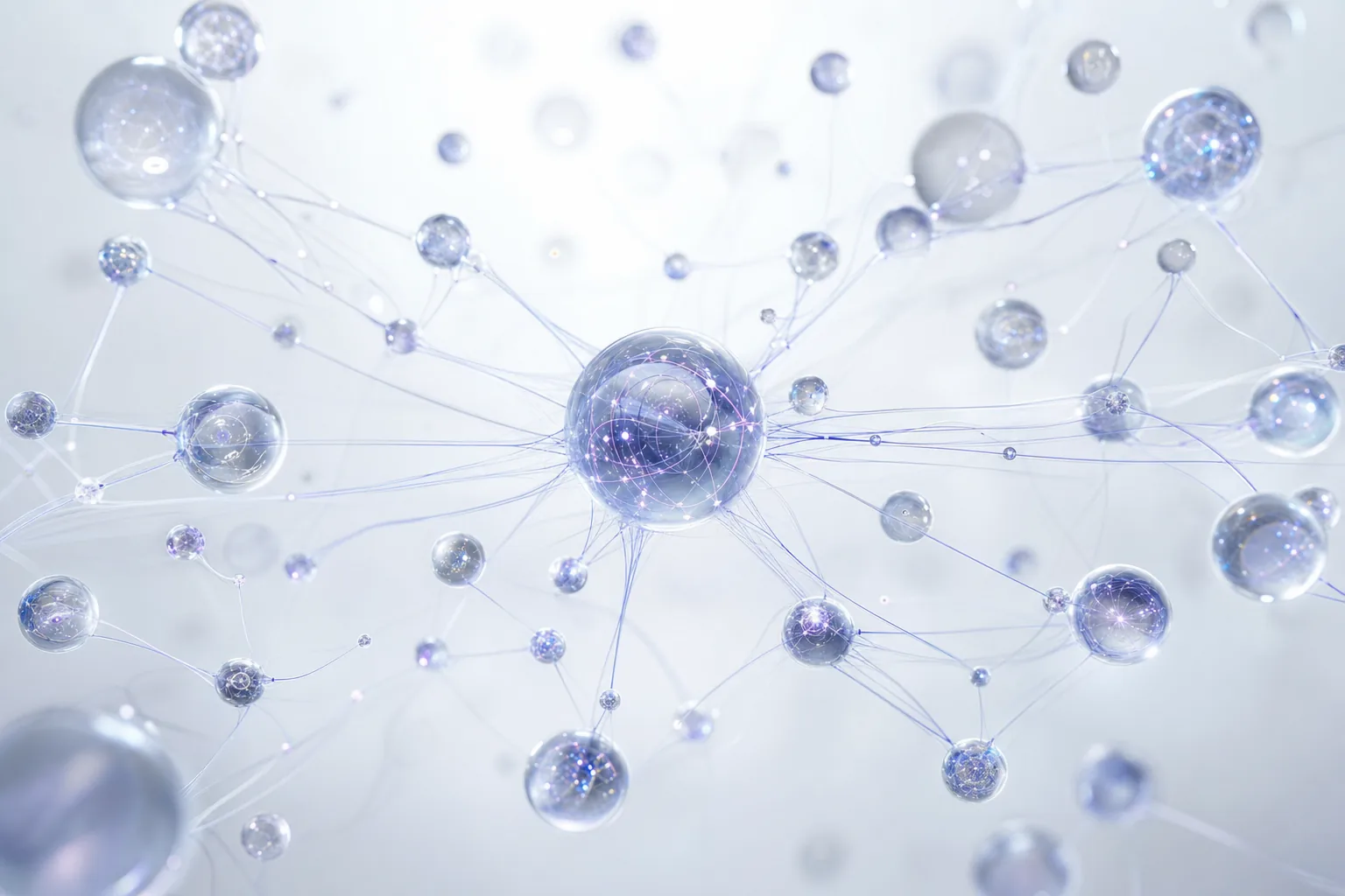 Abstract network of glowing glass orbs connected by luminous filaments