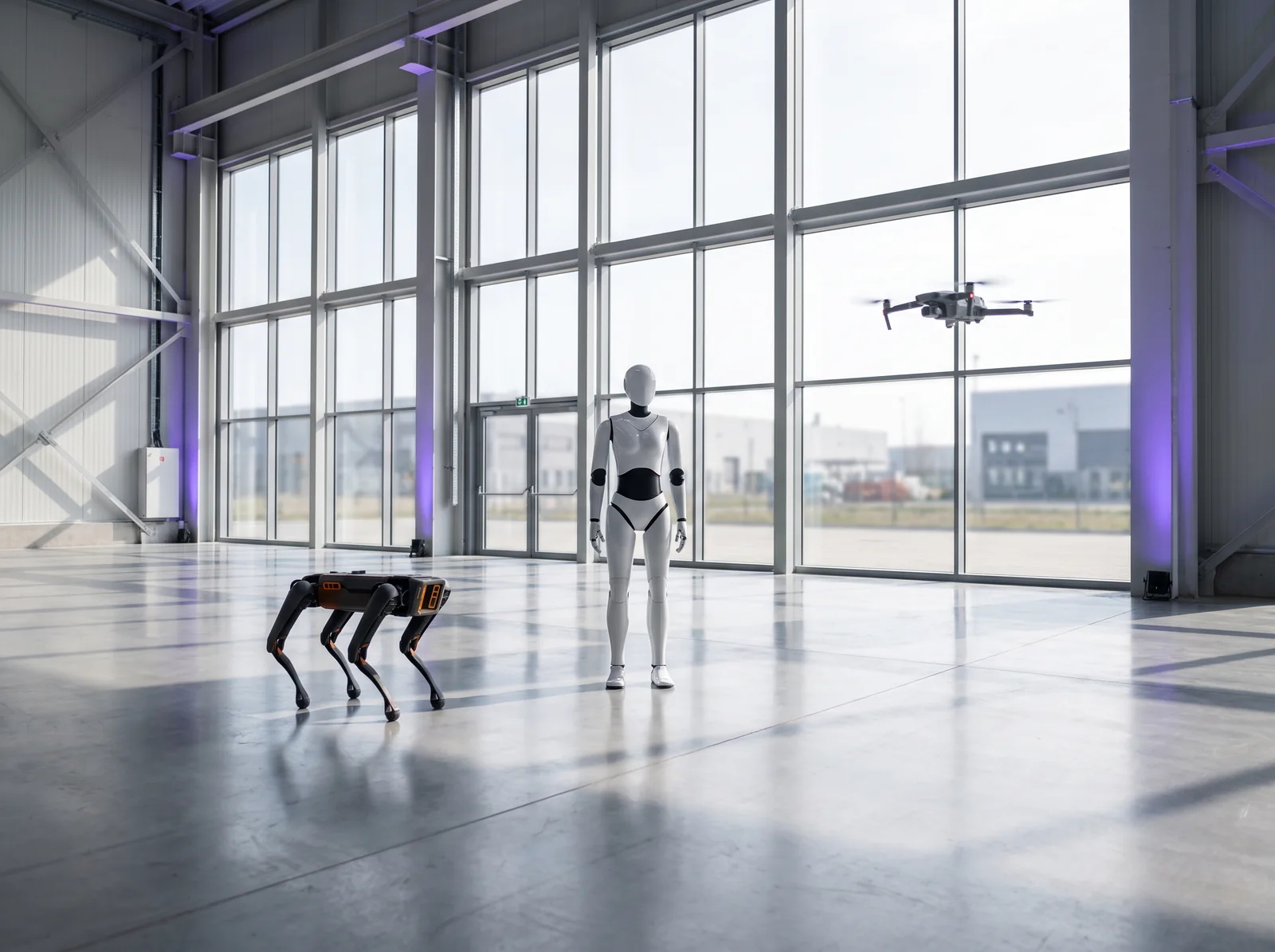 Humanoid robot, four-legged quadruped robot and an inspection drone in a bright industrial facility