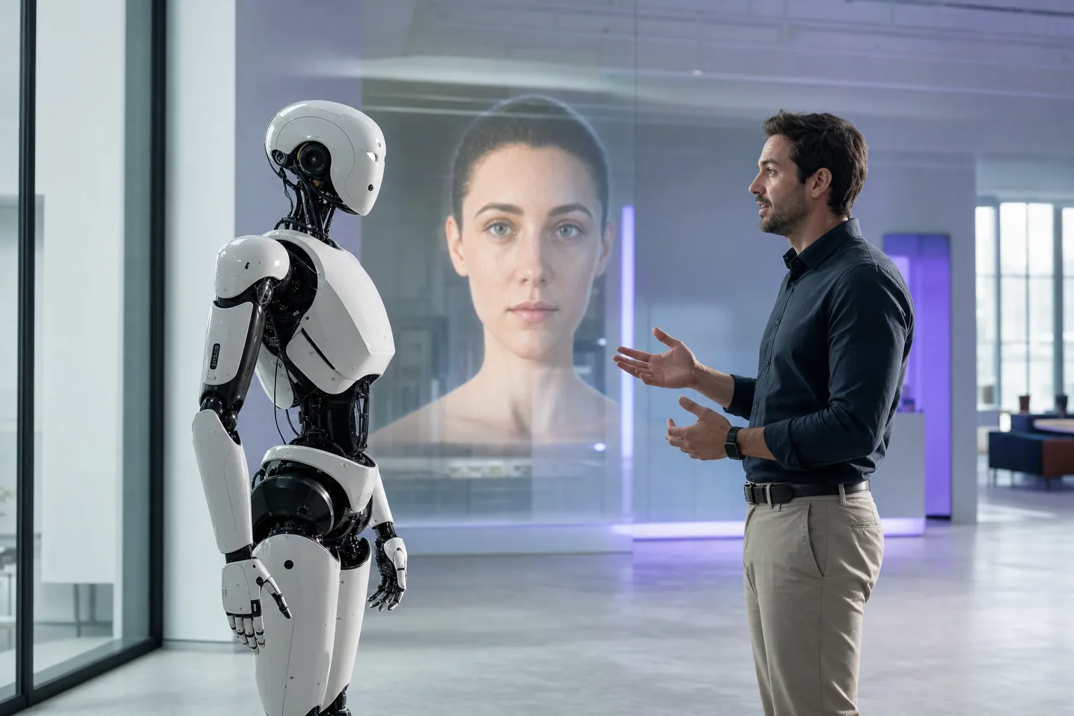 Humanoid robot and a colleague beside a digital human avatar display