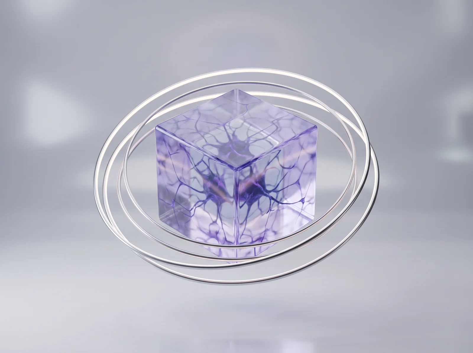 Translucent glass cube holding a violet neural lattice, ringed by fine protective bands