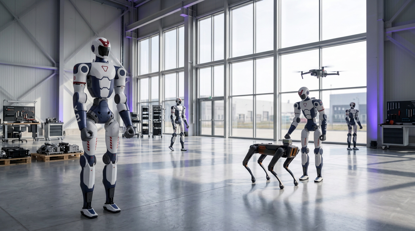 Humanoid robot, four-legged quadruped robot and an inspection drone in a bright industrial facility