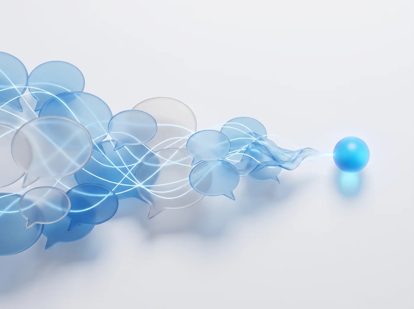 Abstract stream of translucent glass speech bubbles resolving into a single blue sphere