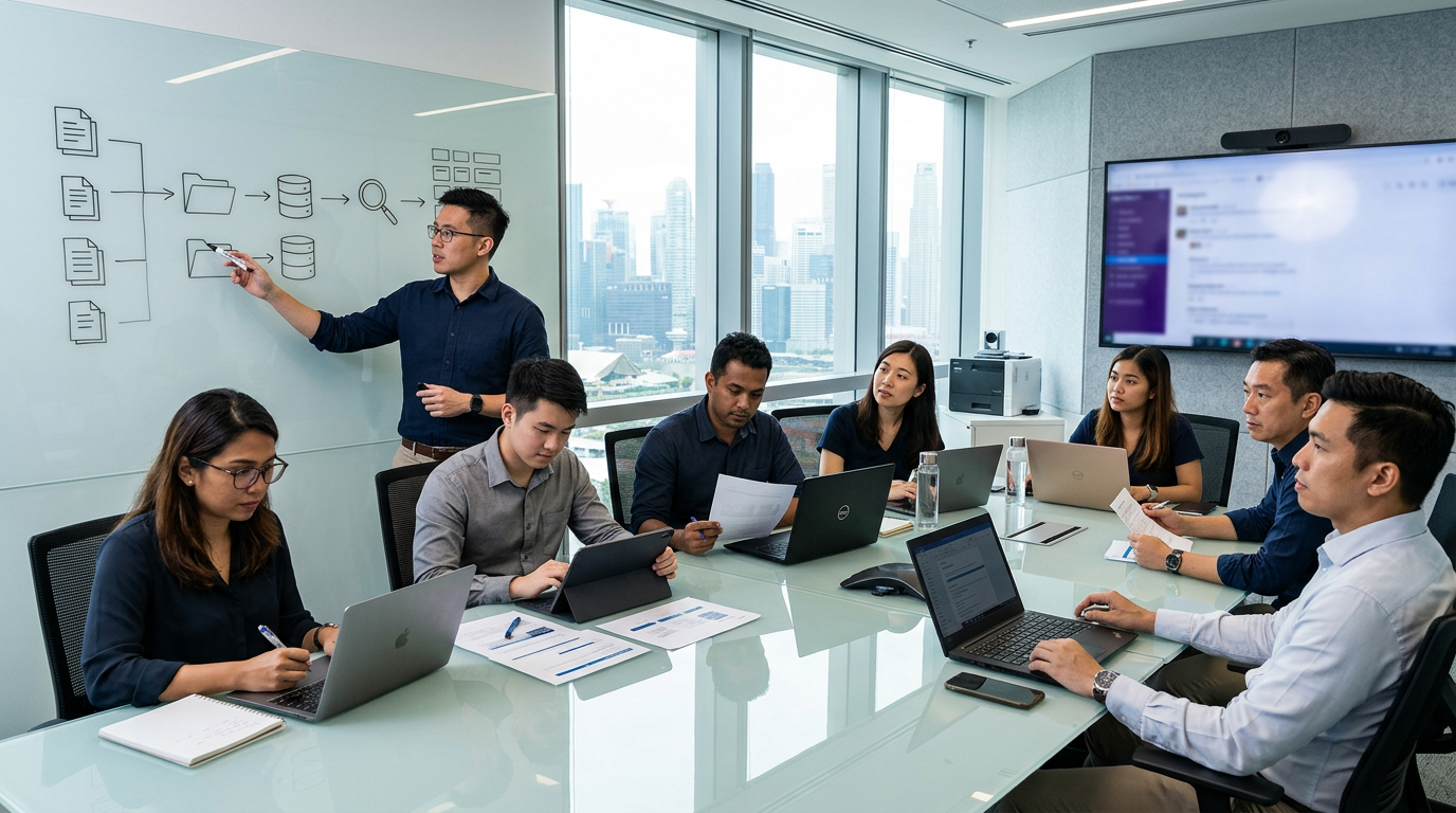 Consulting team designing an AI architecture on a glass wall