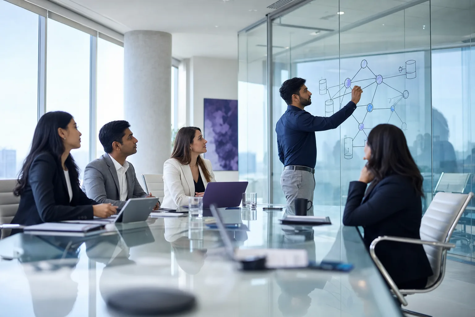Consulting team designing an AI architecture on a glass wall