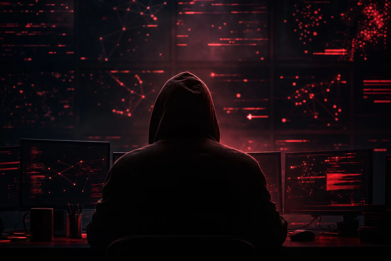 Anonymous hooded threat actor silhouetted against red monitors