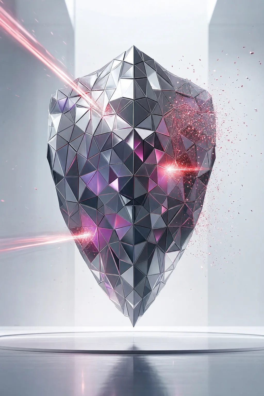 Faceted chrome shield deflecting incoming red light beams