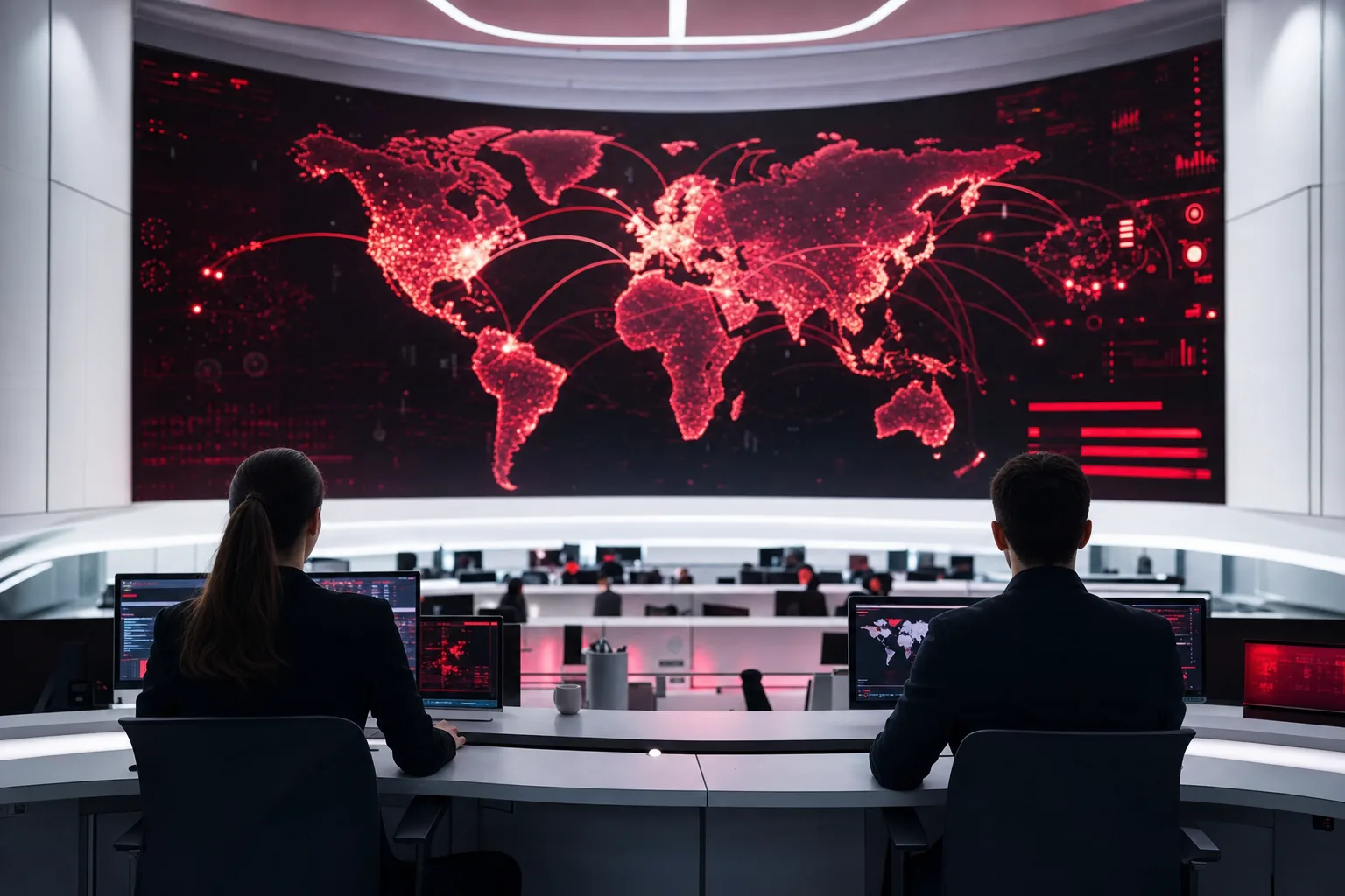 Cyber security command center with a global threat map on a video wall